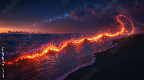 Mystical Fiery Waves Sparkle on Dark Beach Under Galactic Night Sky