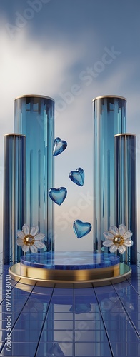 Floating blue love hearts in glass columns with golden base in modern setting
