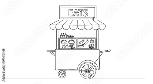Food cart with awning and wheels.