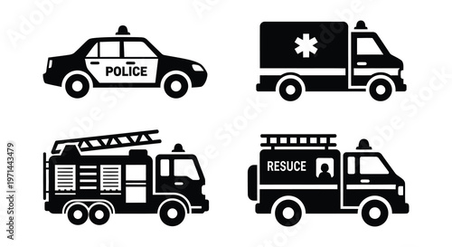 Black silhouette icons of police car ambulance fire truck and suv