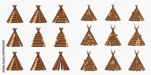 Set of wooden campfire logs for bonfire, various shapes and sizes, ready for outdoor recreation and warmth.