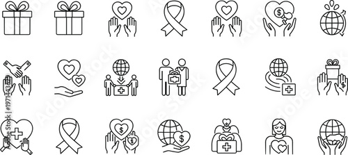 Charity and Care Icons Set Featuring Love, Donation, Heart, and Global Support Symbols for Nonprofit, Health, and Social Awareness Designs