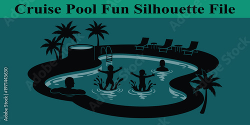 Silhouette of people having fun in a swimming pool with palm trees and lounge chairs