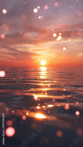 Sunset over calm ocean with floating lanterns and golden reflections at dusk