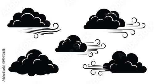Black silhouettes of clouds with wind swirls and flowing air currents