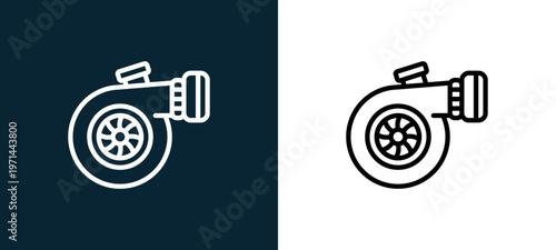 Two-color turbo outline icon pair in black and white, editable stroke vector illustration for web, mobile apps, UI design, branding, and print from motor sports
