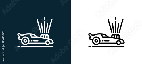 Two-color racing car outline icon pair in black and white, editable stroke vector illustration for web, mobile apps, UI design, branding, and print from motor sports