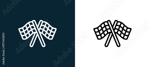 Two-color racing flag outline icon pair in black and white, editable stroke vector illustration for web, mobile apps, UI design, branding, and print from motor sports