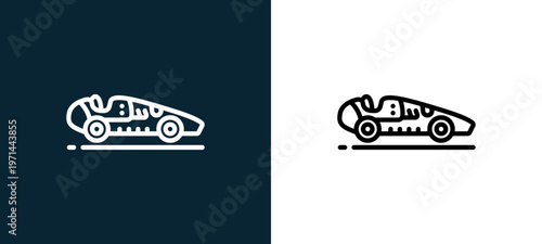Two-color racing car outline icon pair in black and white, editable stroke vector illustration for web, mobile apps, UI design, branding, and print from motor sports
