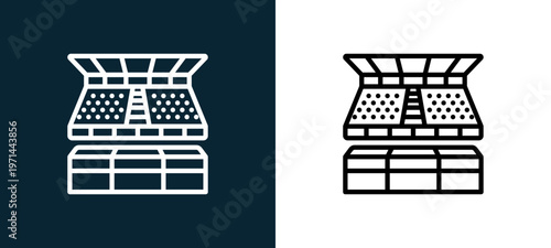Two-color stands outline icon pair in black and white, editable stroke vector illustration for web, mobile apps, UI design, branding, and print from motor sports