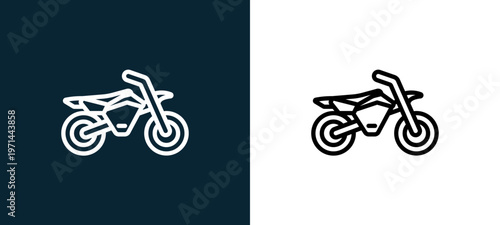Two-color motocross outline icon pair in black and white, editable stroke vector illustration for web, mobile apps, UI design, branding, and print from motor sports