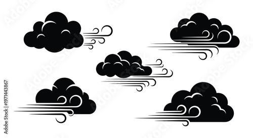 Black silhouettes of clouds with wind swirls and flowing air currents