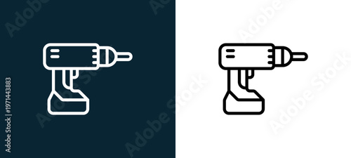 Two-color driller outline icon pair in black and white, editable stroke vector illustration for web, mobile apps, UI design, branding, and print from motor sports