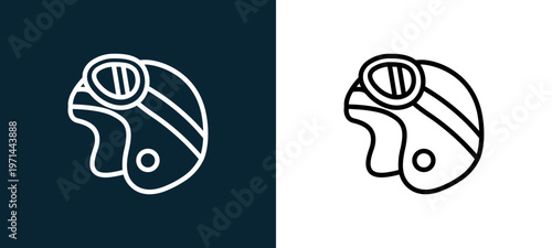 Two-color helmet outline icon pair in black and white, editable stroke vector illustration for web, mobile apps, UI design, branding, and print from motor sports
