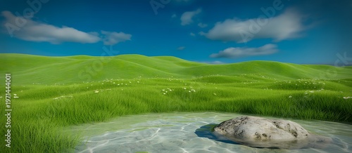 Serene countryside meadow with winding stream and clear blue sky in summer landscape