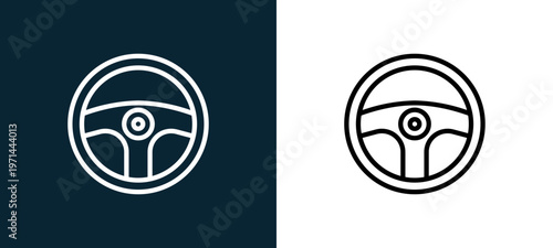 Two-color steering wheel outline icon pair in black and white, editable stroke vector illustration for web, mobile apps, UI design, branding, and print from motor sports