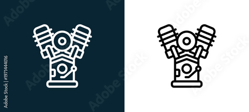 Two-color engine outline icon pair in black and white, editable stroke vector illustration for web, mobile apps, UI design, branding, and print from motor sports