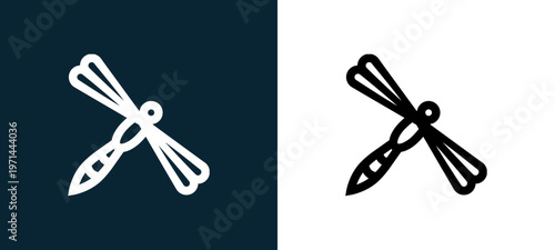 Two-color dragonfly outline icon pair in black and white, editable stroke vector illustration for web, mobile apps, UI design, branding, and print from nature