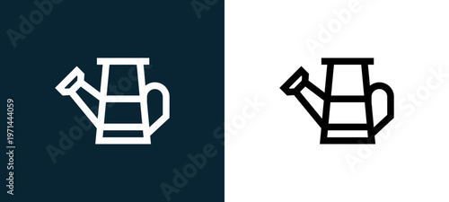 Two-color watering can outline icon pair in black and white, editable stroke vector illustration for web, mobile apps, UI design, branding, and print from nature