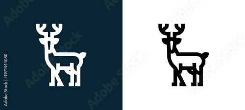 Two-color deer outline icon pair in black and white, editable stroke vector illustration for web, mobile apps, UI design, branding, and print from nature