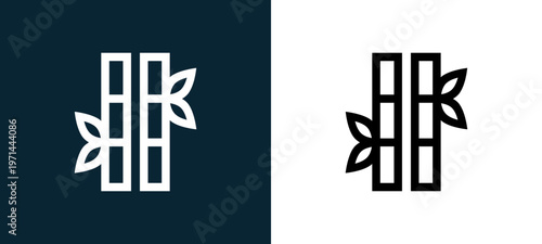 Two-color bamboo outline icon pair in black and white, editable stroke vector illustration for web, mobile apps, UI design, branding, and print from nature