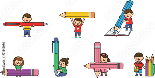 Creative Learning Icons Set Featuring Children with Giant Pencils, Pens, and School Supplies for Education, School, and Learning Designs