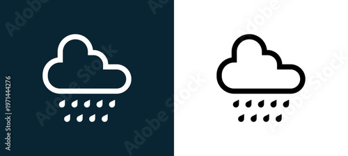 Two-color rain outline icon pair in black and white, editable stroke vector illustration for web, mobile apps, UI design, branding, and print from nature