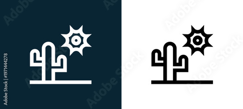 Two-color cactus outline icon pair in black and white, editable stroke vector illustration for web, mobile apps, UI design, branding, and print from nature