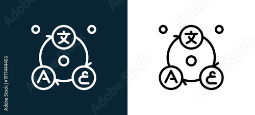 Two-color translation outline icon pair in black and white, editable stroke vector illustration for web, mobile apps, UI design, branding, and print from translator