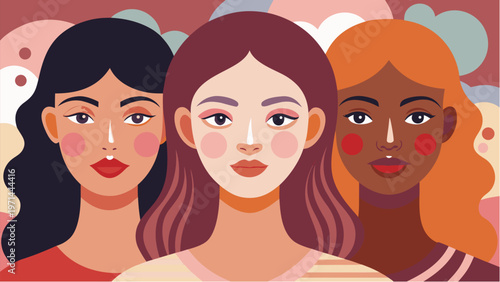 Three diverse women with permanent cheek blush beauty concept showcasing different skin tones and cosmetic results flat vector illustration