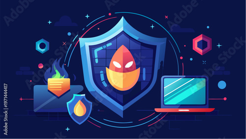 Cybersecurity and privacy awareness concept with shield firewall and secure devices protecting data in modern digital environment flat vector illustration