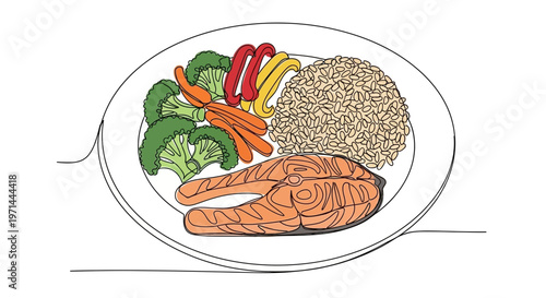 Grilled salmon with vegetables on plate.