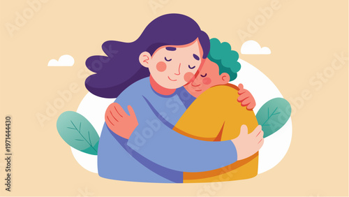 Mother hugging child expressing emotional connection warmth love and support in flat vector illustration with soft colors and care concept