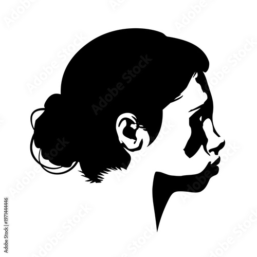 Young woman face side view in low key style. Elegant silhouette of a female head.