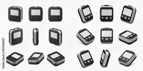 Set of black digital audio player or mp3 player mockups with blank screen in various angles.