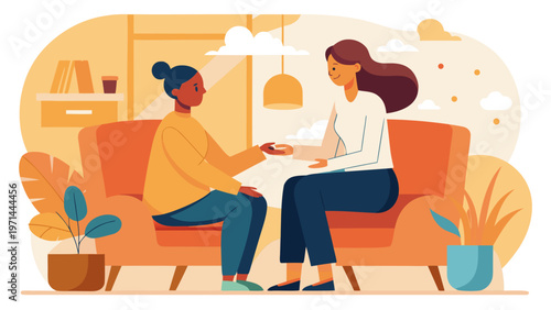 Two women sitting on sofa sharing emotional connection support and empathy in cozy home environment flat vector illustration
