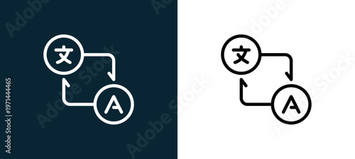 Two-color translation outline icon pair in black and white, editable stroke vector illustration for web, mobile apps, UI design, branding, and print from translator