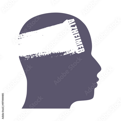 Dementia, memory loss, amnesia concept. Brain damage, cognitive disfunction. Alzheimer's disease. Illustration of a human head profile with damaged brain. Mental, psychological illness.