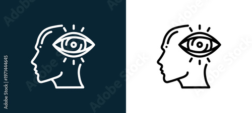 Two-color vision outline icon pair in black and white, editable stroke vector illustration for web, mobile apps, UI design, branding, and print from human mind