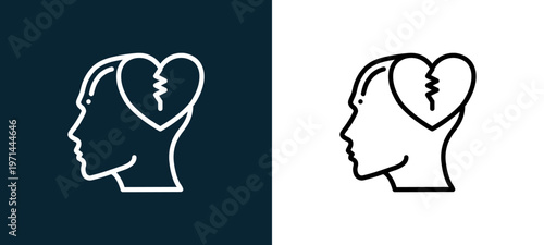 Two-color broken heart outline icon pair in black and white, editable stroke vector illustration for web, mobile apps, UI design, branding, and print from human mind