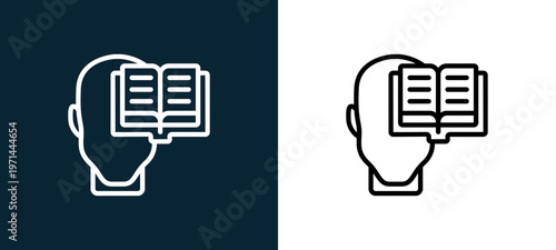 Two-color study outline icon pair in black and white, editable stroke vector illustration for web, mobile apps, UI design, branding, and print from human mind