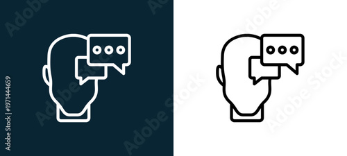 Two-color dialogue outline icon pair in black and white, editable stroke vector illustration for web, mobile apps, UI design, branding, and print from human mind