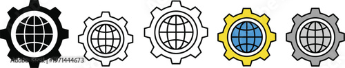 Global gear globe vector illustration set showing worldwide settings, technology, business, and interconnected operations, available in different styles and colors.