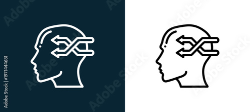 Two-color strategy outline icon pair in black and white, editable stroke vector illustration for web, mobile apps, UI design, branding, and print from human mind
