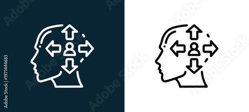 Two-color extrovert outline icon pair in black and white, editable stroke vector illustration for web, mobile apps, UI design, branding, and print from human mind