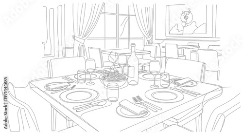 Dining table with wine and plates.