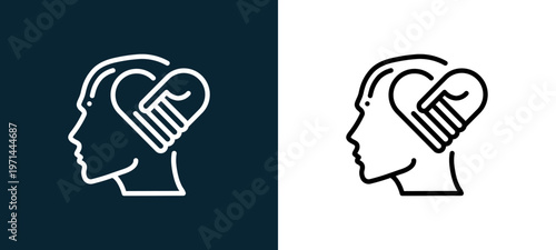 Two-color empathy outline icon pair in black and white, editable stroke vector illustration for web, mobile apps, UI design, branding, and print from human mind