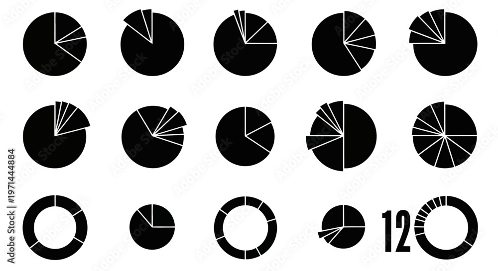 Fototapeta premium Black pie charts on white background.