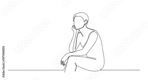 Continuous line drawing of sitting man.