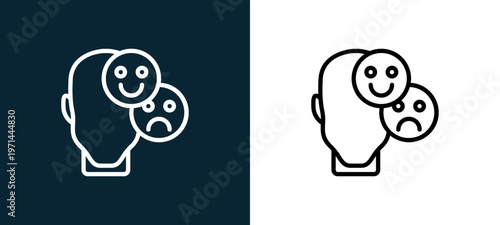 Two-color bipolar outline icon pair in black and white, editable stroke vector illustration for web, mobile apps, UI design, branding, and print from human mind